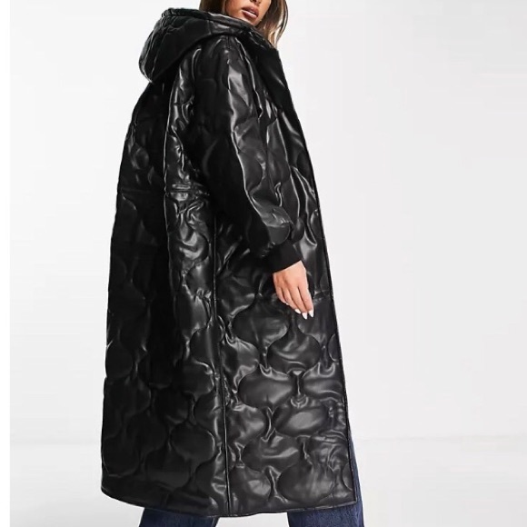 FLASH SALE! • NWT • ASOS Quilted Longline Faux Leather Black Hooded Coat - Picture 6 of 8